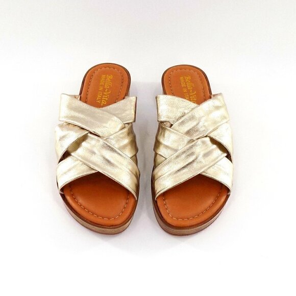 Bella Vita Wedge Slide Sandals Size 6.5 Gold Champagne Soft Nappa Leather Italy - Picture 3 of 9